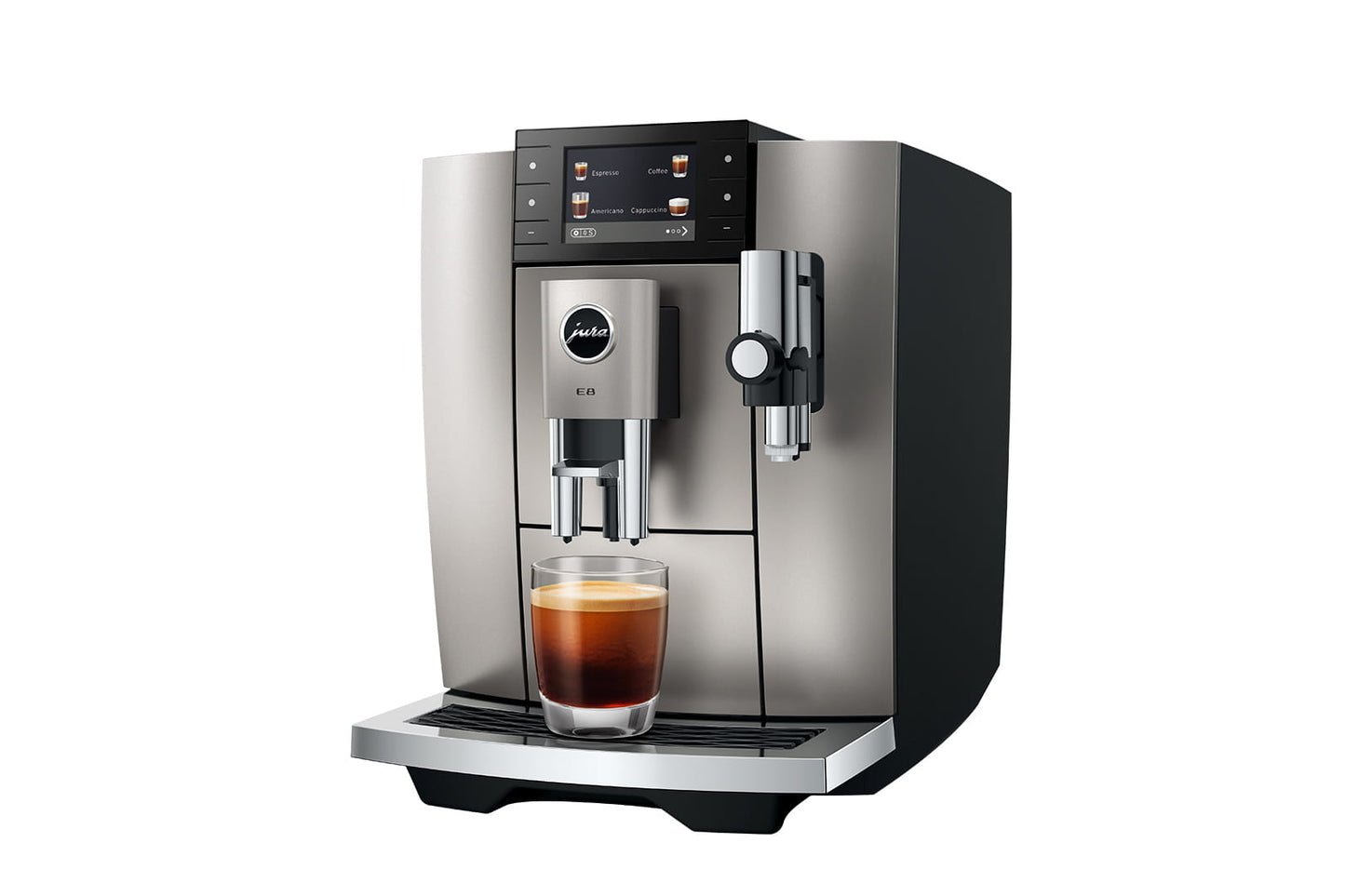Jura E8 Midnight Silver - dispensing coffee